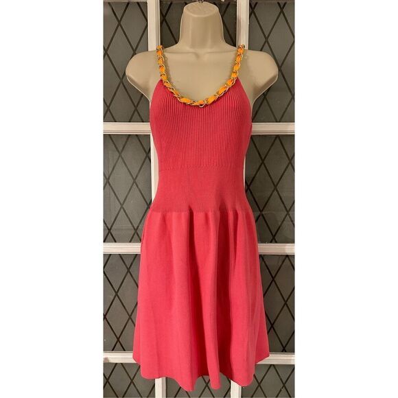 Zara Chain Strap Sleeveless Rib Knit Fit And Flare Dress Hot Pink Size Large - Picture 2 of 9